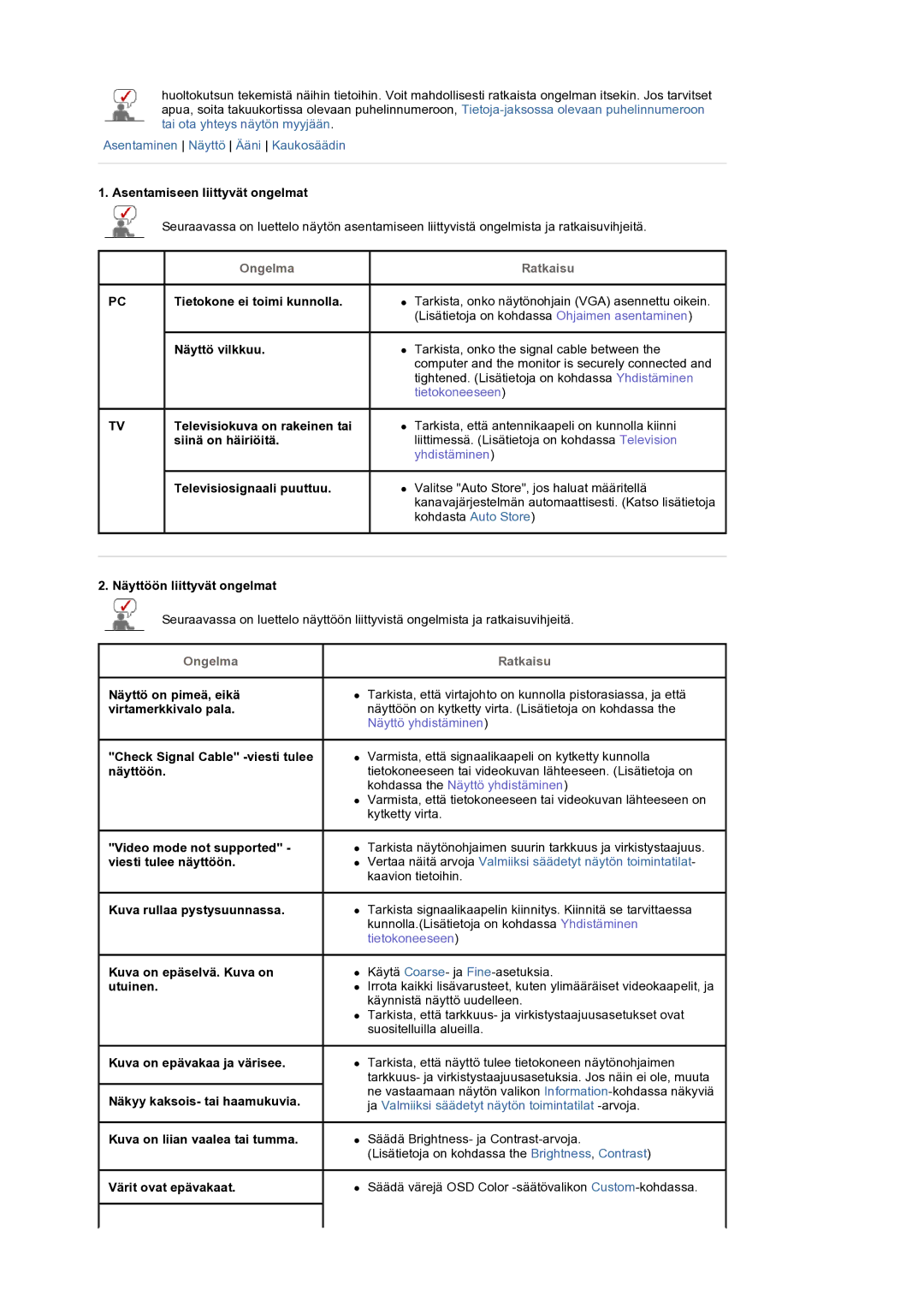 Samsung LS22CRASB/EDC manual Ongelma Ratkaisu 