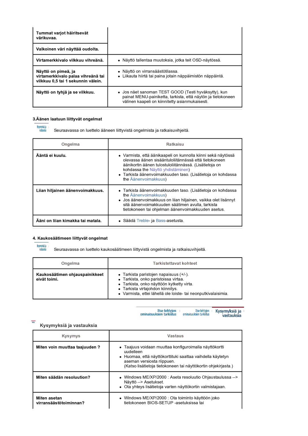 Samsung LS22CRASB/EDC manual Kysymyksiä ja vastauksia, Kysymys, Tarkistettavat kohteet, Vastaus 