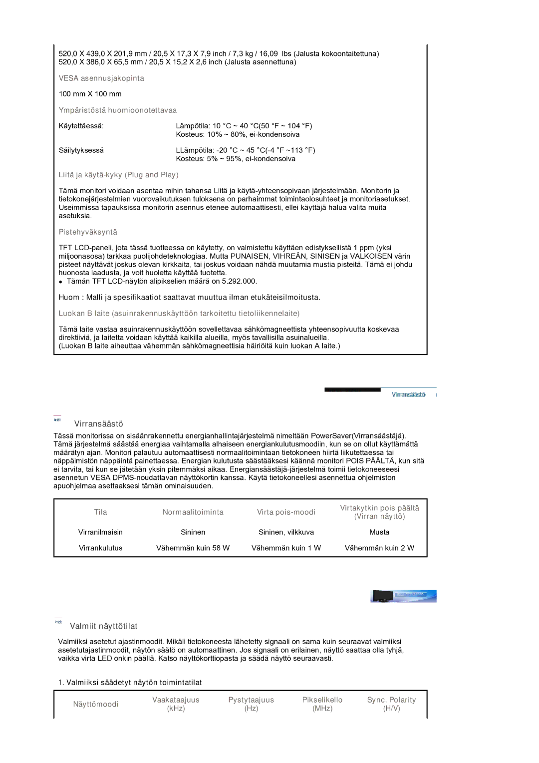 Samsung LS22CRASB/EDC manual Virransäästö, Valmiit näyttötilat 