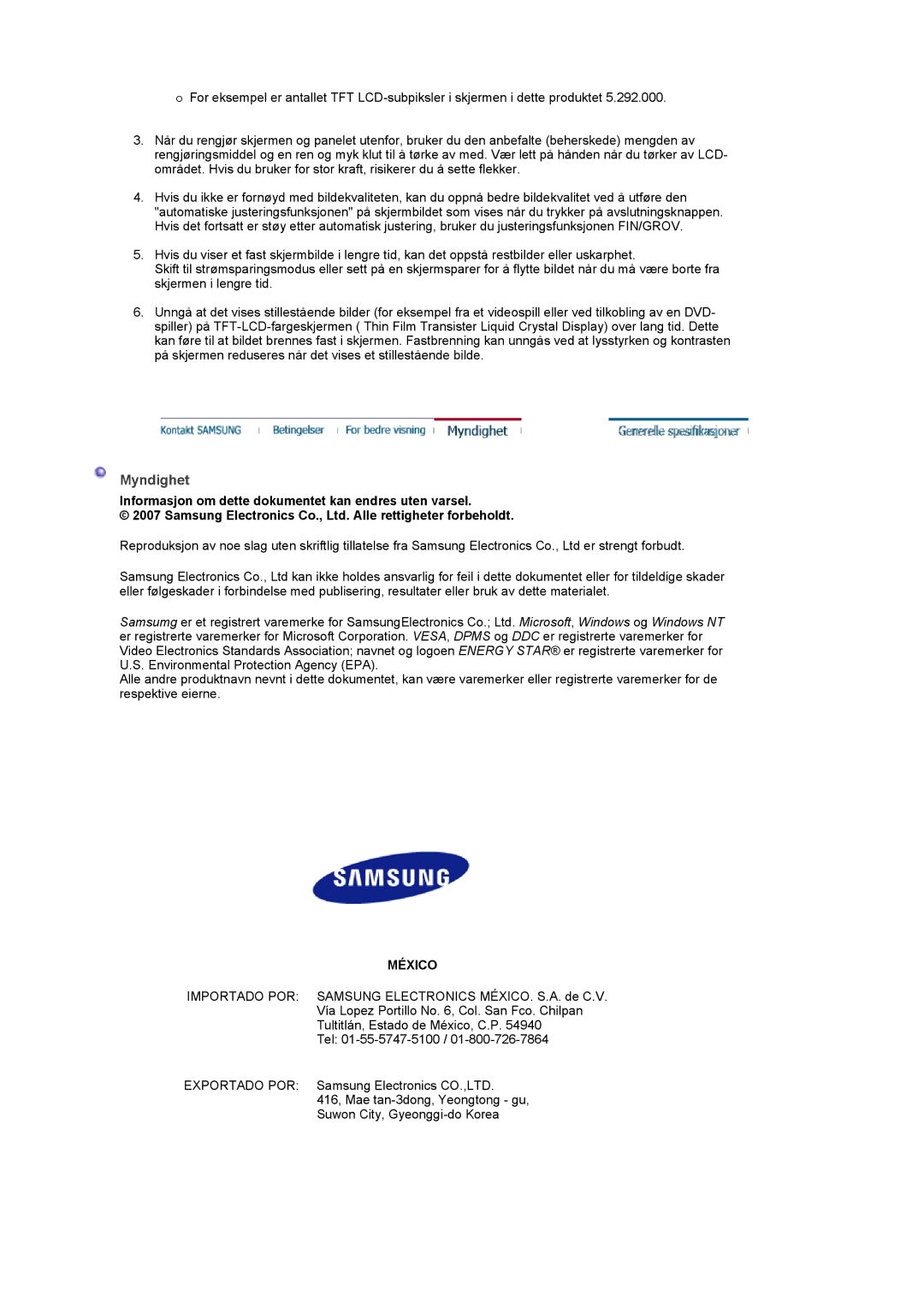 Samsung LS22CRASB/EDC manual Myndighet, Informasjon om dette dokumentet kan endres uten varsel, México 