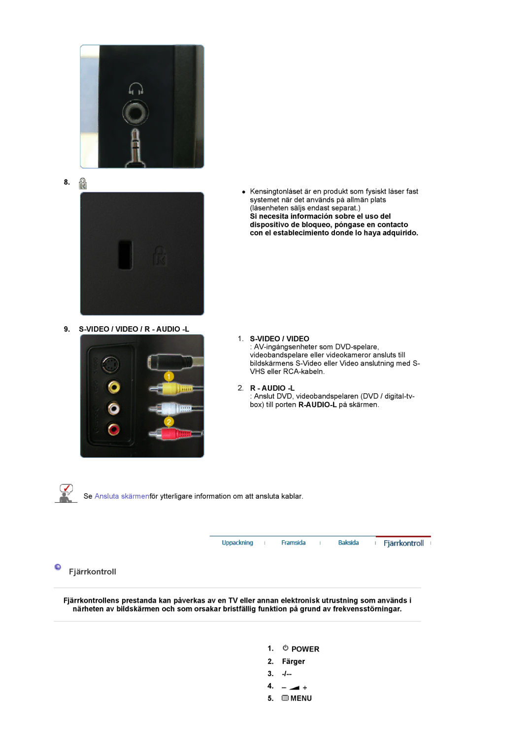 Samsung LS22CRASB/EDC manual Fjärrkontroll, Video / Video / R Audio -L 