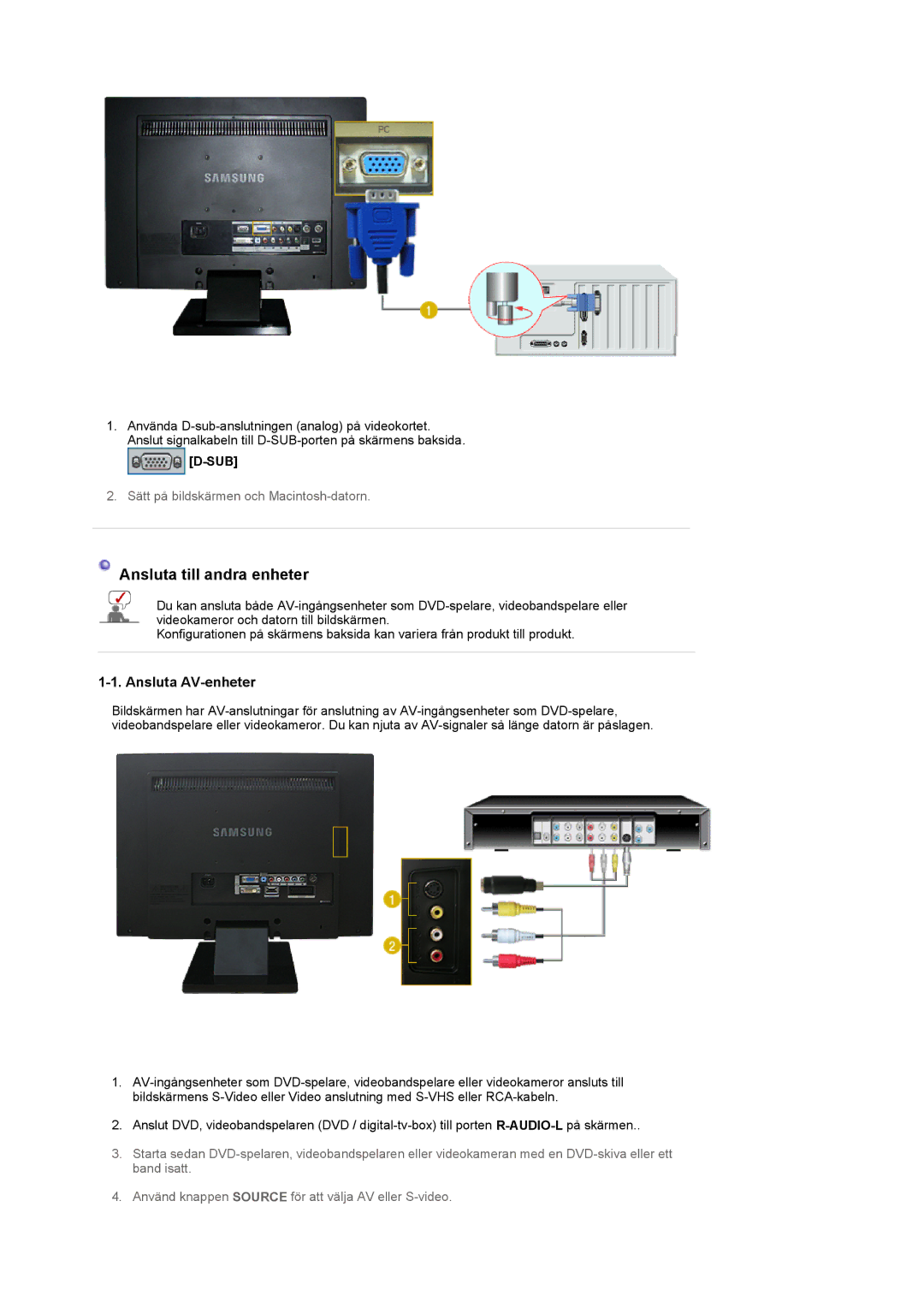 Samsung LS22CRASB/EDC manual Ansluta till andra enheter, Sub 