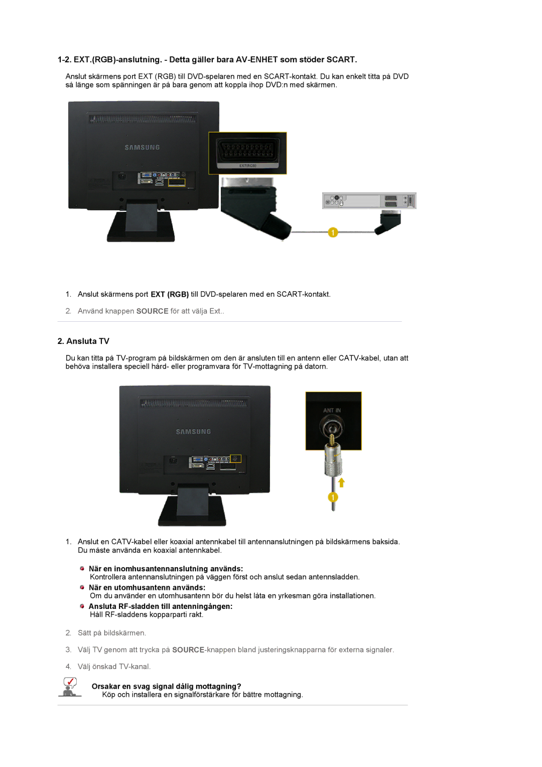 Samsung LS22CRASB/EDC manual När en inomhusantennanslutning används, När en utomhusantenn används 