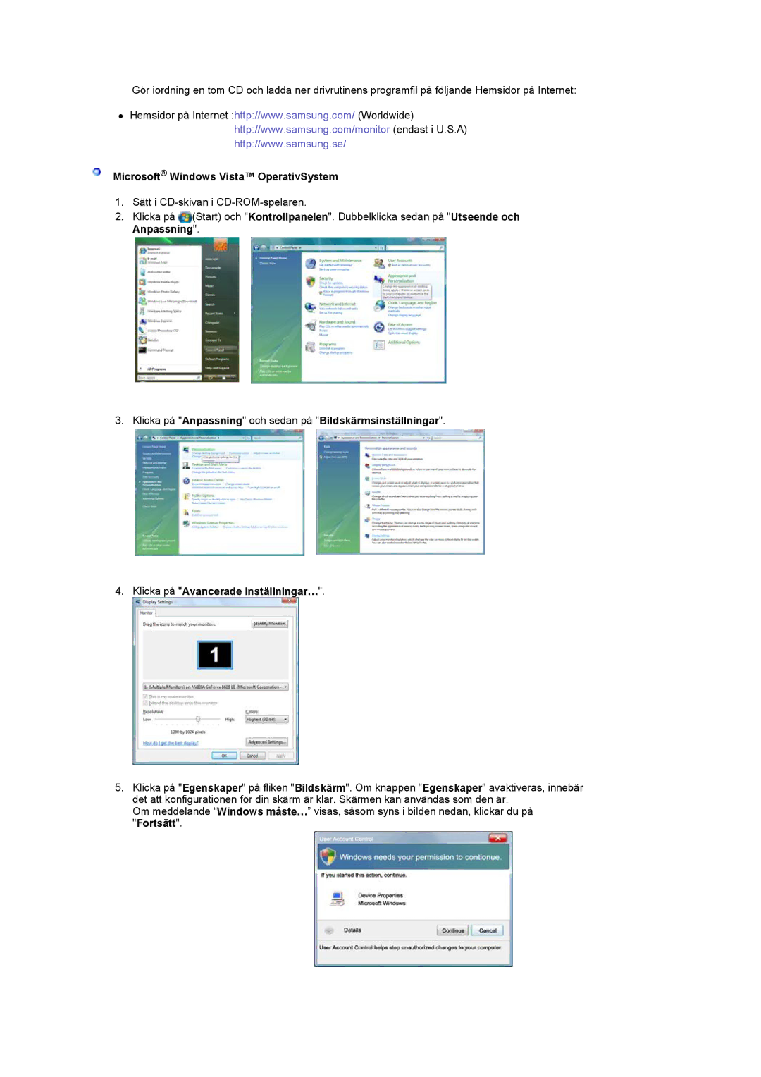 Samsung LS22CRASB/EDC manual Microsoft Windows Vista OperativSystem 