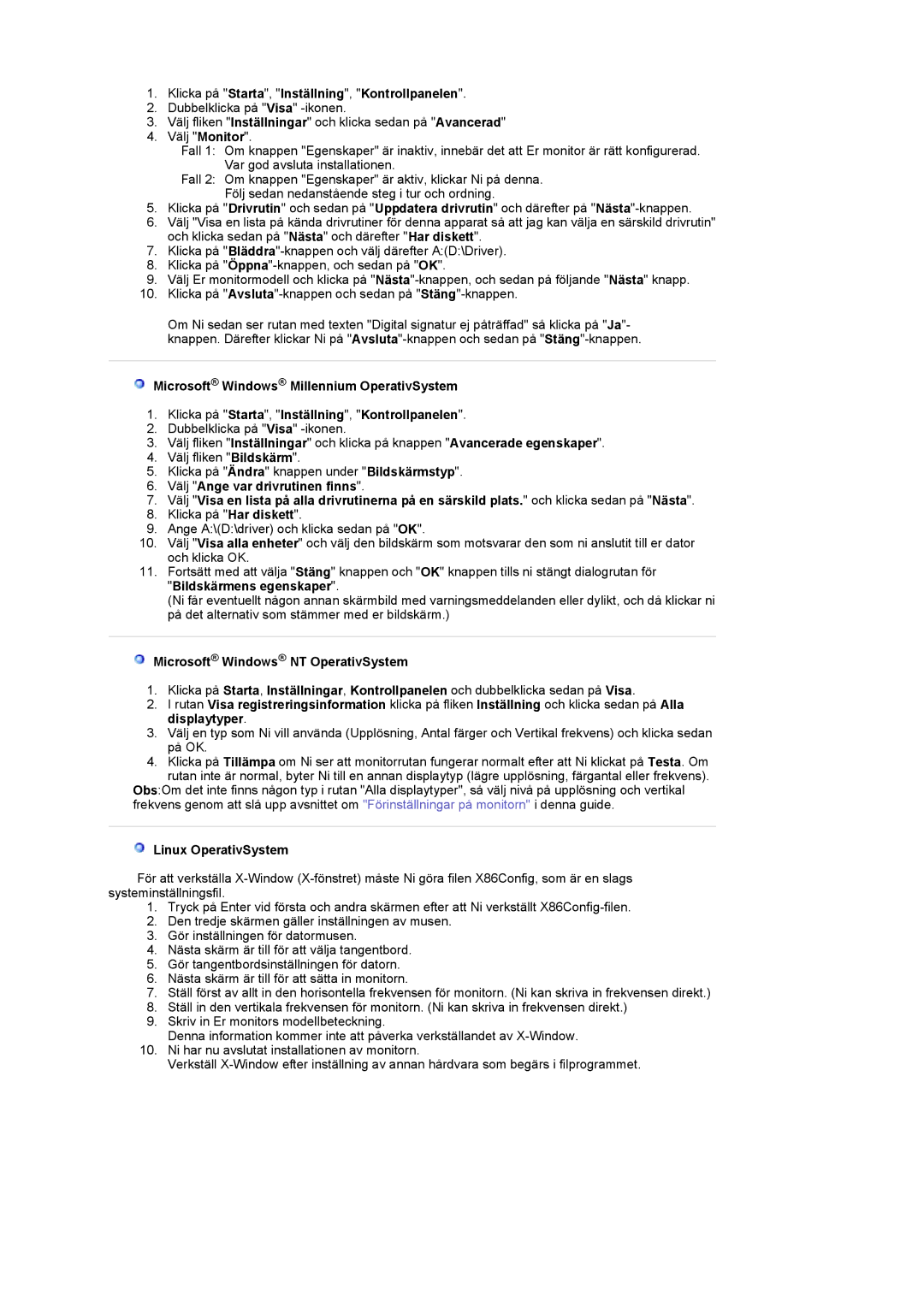 Samsung LS22CRASB/EDC manual Klicka på Starta, Inställning, Kontrollpanelen, Microsoft Windows NT OperativSystem 