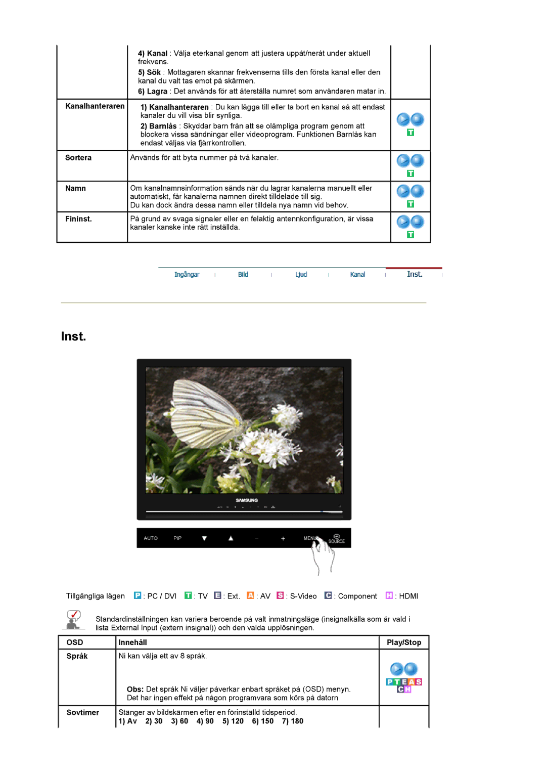 Samsung LS22CRASB/EDC manual Kanalhanteraren, Sortera, Namn, Fininst, Innehåll Play/Stop Språk Ni kan välja ett av 8 språk 