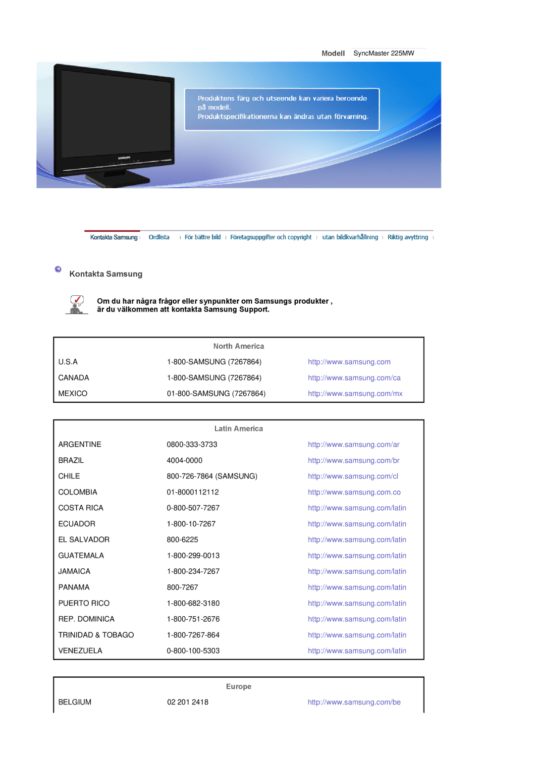 Samsung LS22CRASB/EDC manual Kontakta Samsung, Latin America 