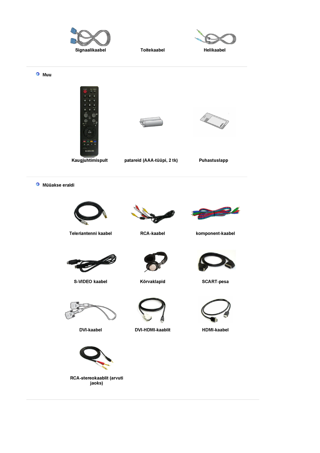 Samsung LS22CRASB/EDC manual Signaalikaabel Toitekaabel, Video kaabel Kõrvaklapid, DVI-kaabel DVI-HDMI-kaablit 