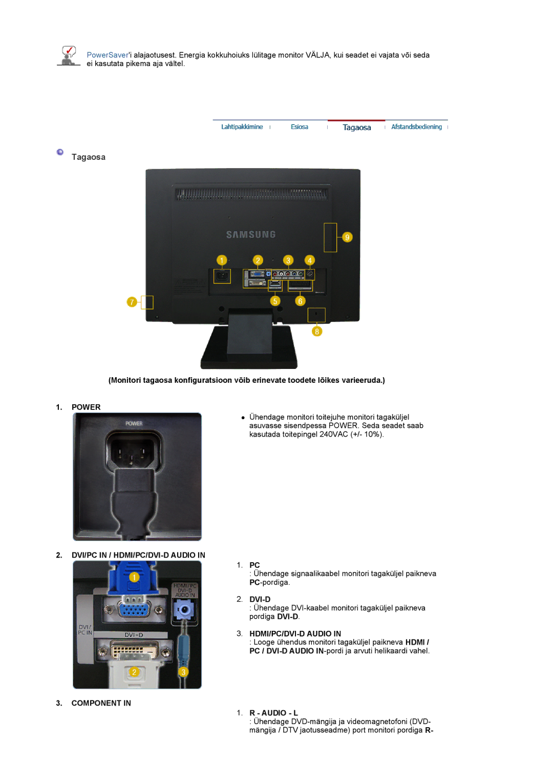 Samsung LS22CRASB/EDC manual Tagaosa, Power, DVI/PC in / HDMI/PC/DVI-D Audio, Component 