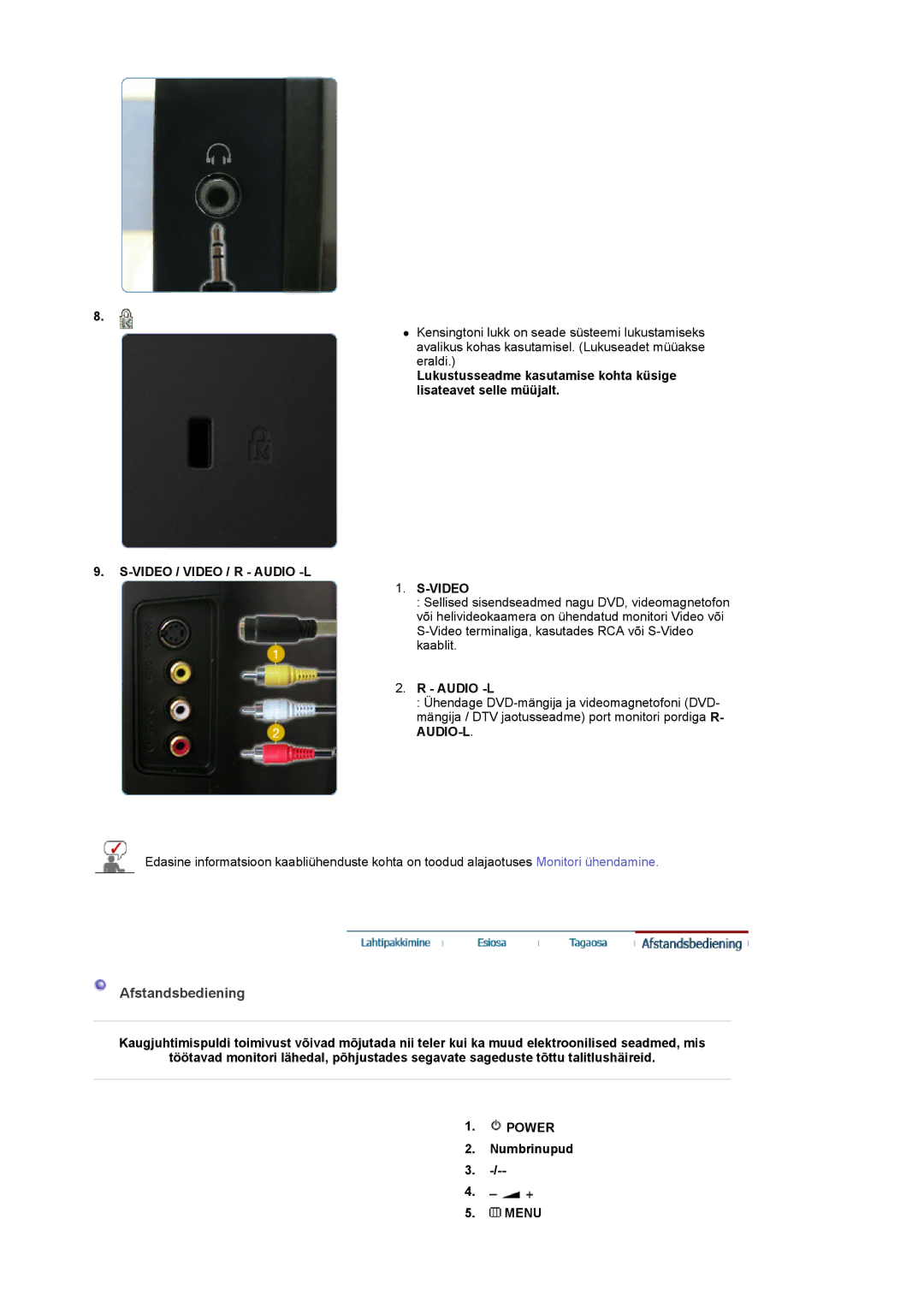 Samsung LS22CRASB/EDC manual Afstandsbediening, Video / Video / R Audio -L 