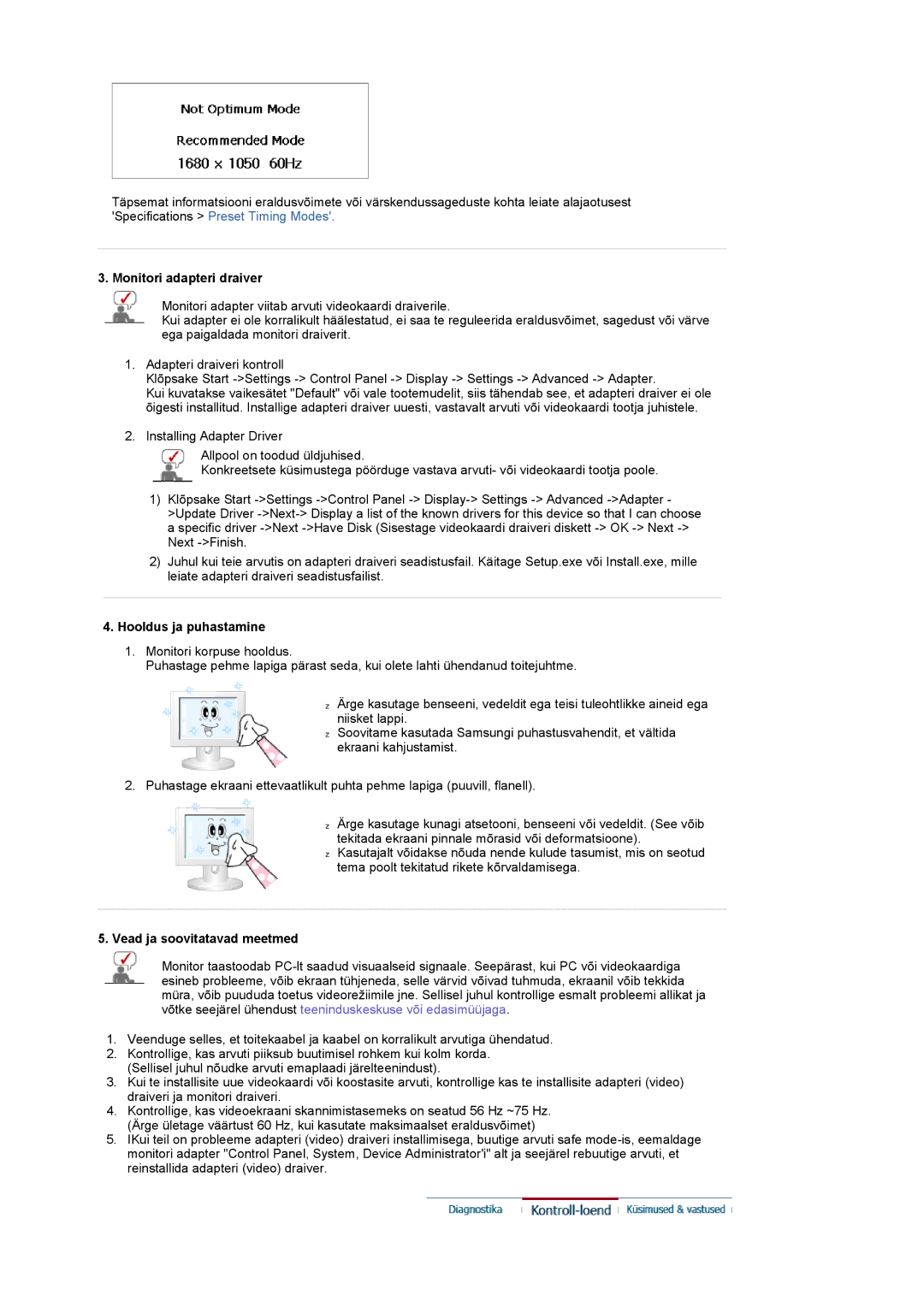 Samsung LS22CRASB/EDC manual Monitori adapteri draiver, Hooldus ja puhastamine, Vead ja soovitatavad meetmed 