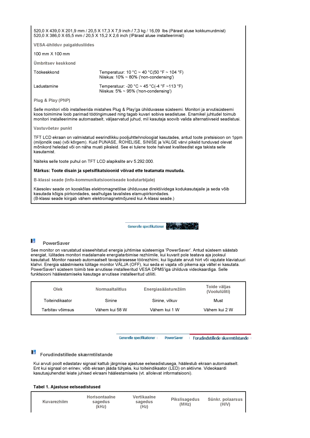 Samsung LS22CRASB/EDC manual PowerSaver, Forudindstillede skærmtilstande 