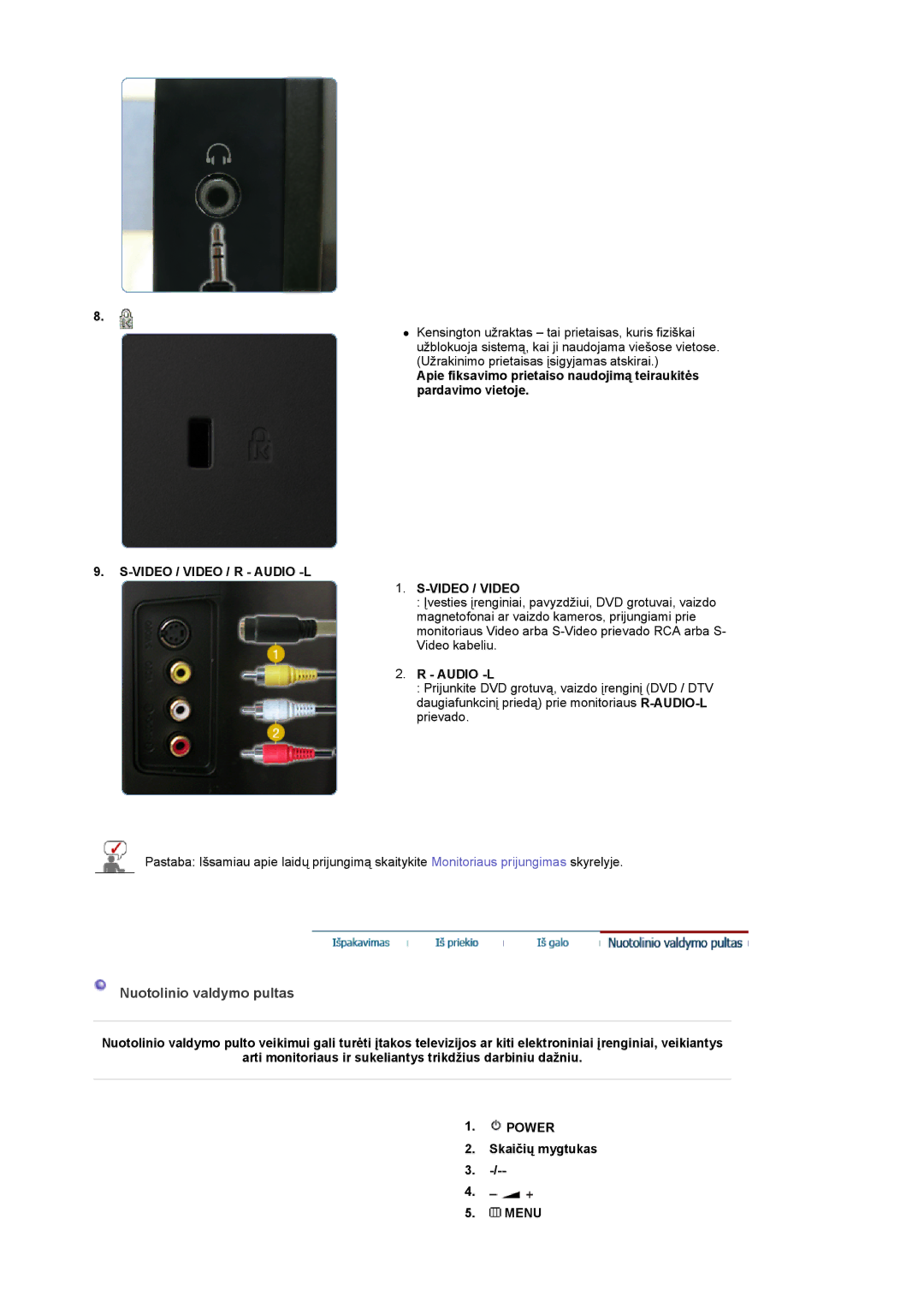 Samsung LS22CRASB/EDC manual Nuotolinio valdymo pultas, Video / Video / R Audio -L 