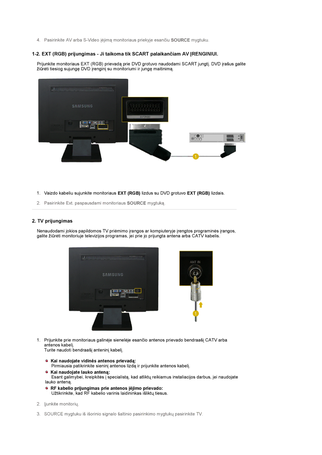 Samsung LS22CRASB/EDC manual TV prijungimas, Kai naudojate vidinės antenos prievadą, Kai naudojate lauko anteną 