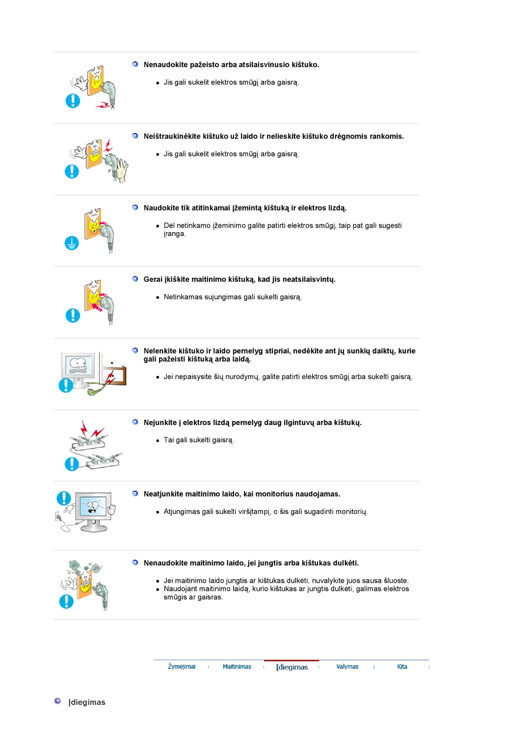 Samsung LS22CRASB/EDC manual Įdiegimas, Nenaudokite pažeisto arba atsilaisvinusio kištuko 