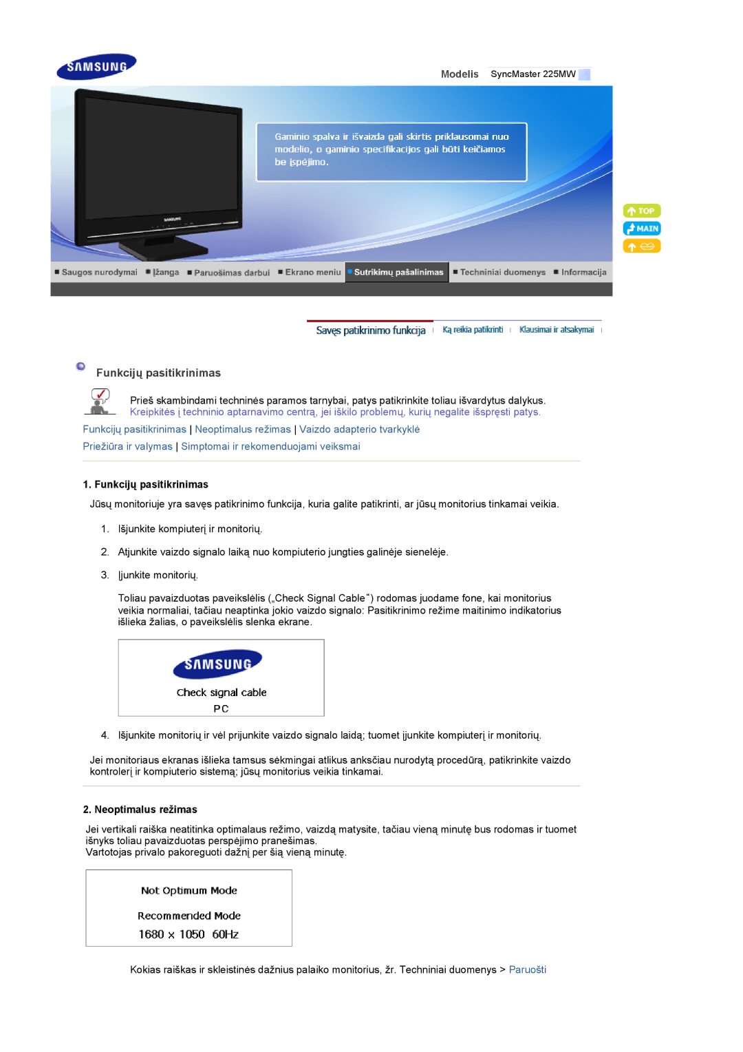 Samsung LS22CRASB/EDC manual Funkcijų pasitikrinimas, Neoptimalus režimas 
