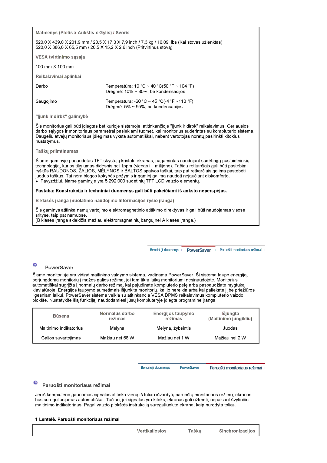 Samsung LS22CRASB/EDC manual PowerSaver, Paruošti monitoriaus režimai 