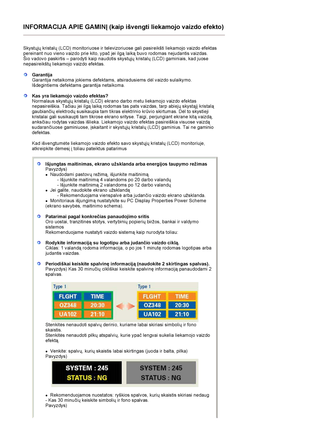 Samsung LS22CRASB/EDC manual Garantija, Kas yra liekamojo vaizdo efektas?, Patarimai pagal konkrečias panaudojimo sritis 