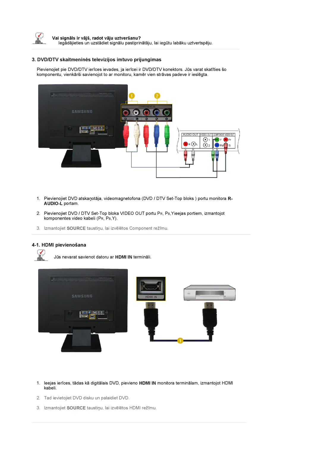 Samsung LS22CRASB/EDC manual DVD/DTV skaitmeninės televizijos imtuvo prijungimas, Hdmi pievienošana 