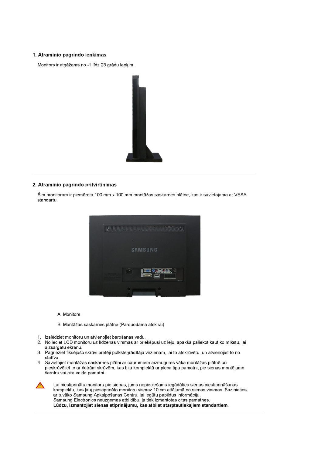 Samsung LS22CRASB/EDC manual Atraminio pagrindo lenkimas, Atraminio pagrindo pritvirtinimas 