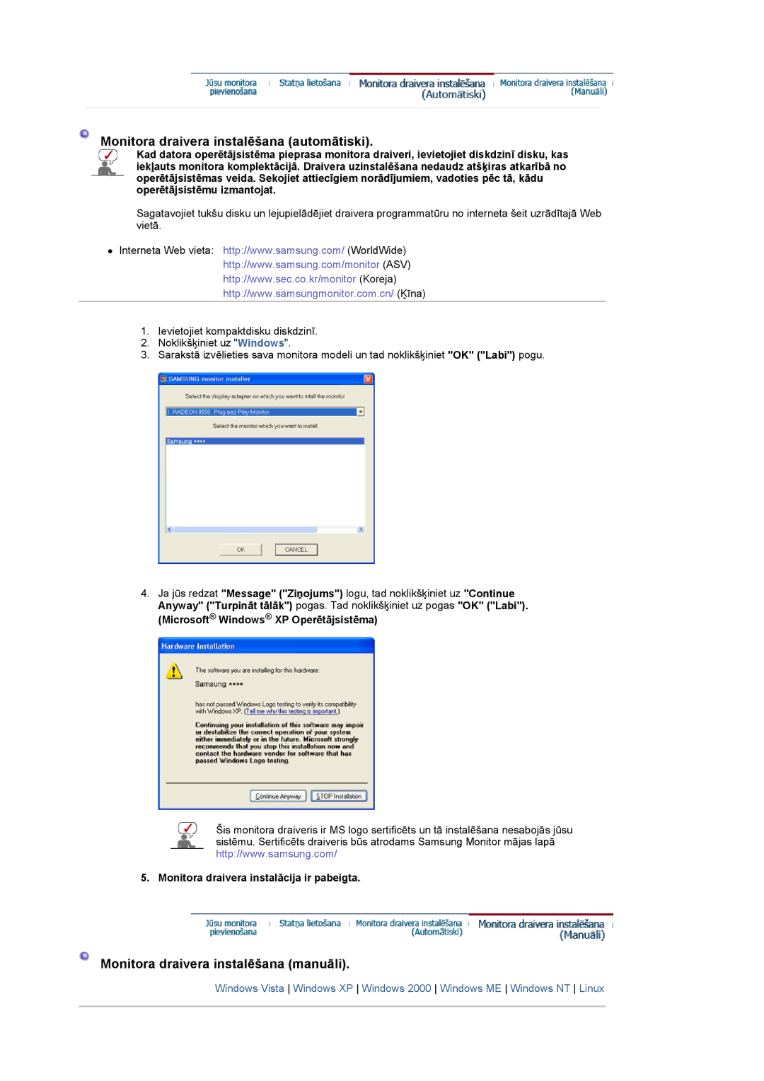Samsung LS22CRASB/EDC manual Monitora draivera instalēšana automātiski, Monitora draivera instalācija ir pabeigta 