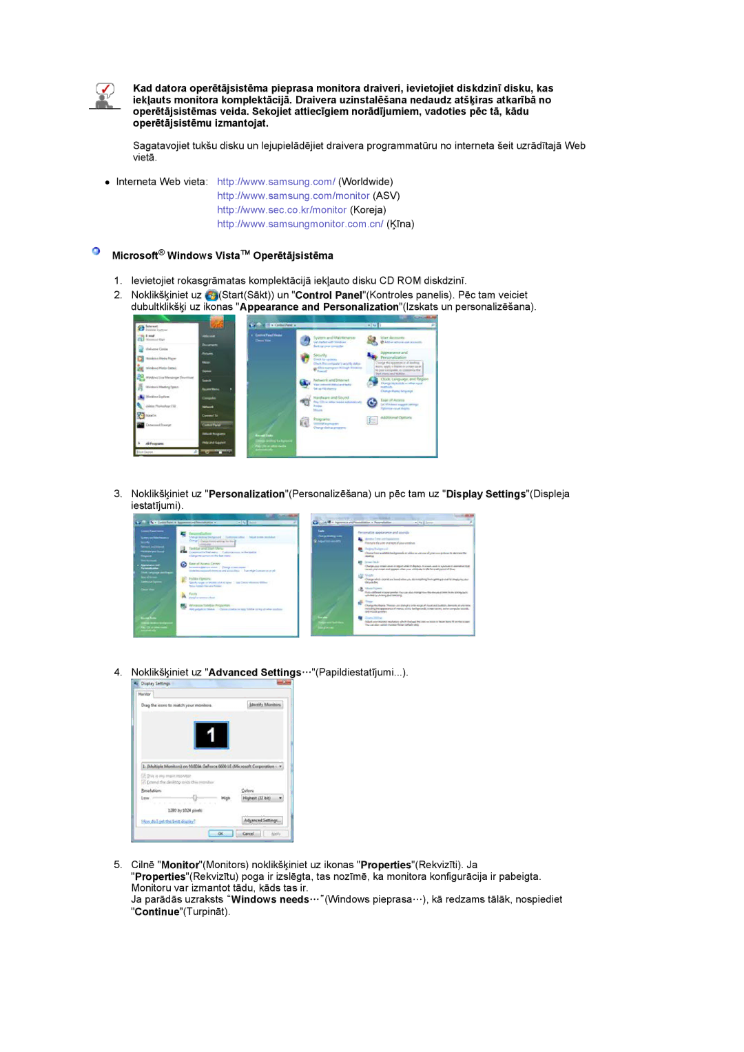 Samsung LS22CRASB/EDC manual Microsoft Windows Vista Operētājsistēma 