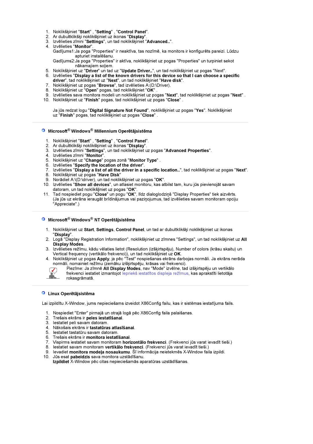 Samsung LS22CRASB/EDC manual Microsoft Windows Millennium Operētājsistēma, Microsoft Windows NT Operētājsistēma 