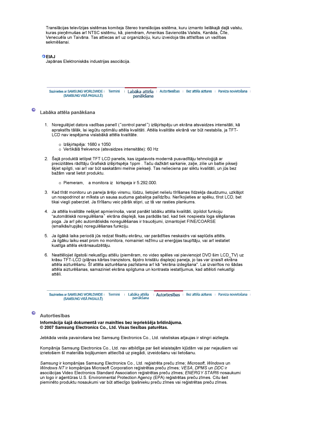 Samsung LS22CRASB/EDC manual Labāka attēla panākšana, Autortiesības, Eiaj 