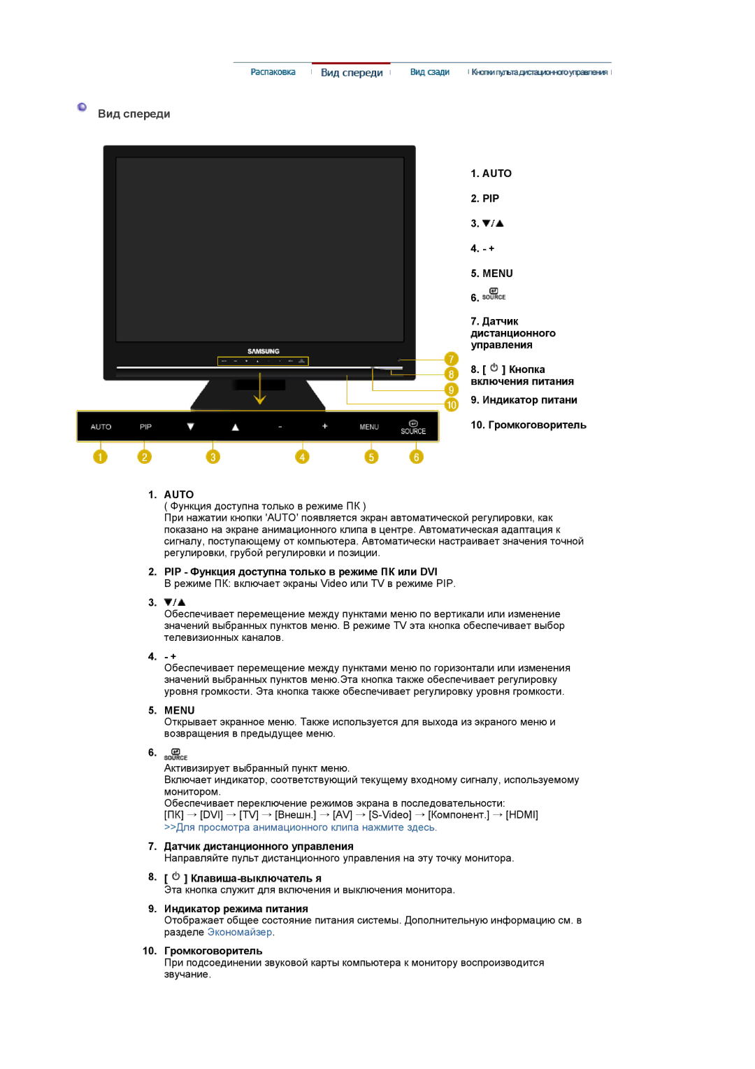 Samsung LS22CRASB/EDC manual Вид спереди, Auto, Menu 