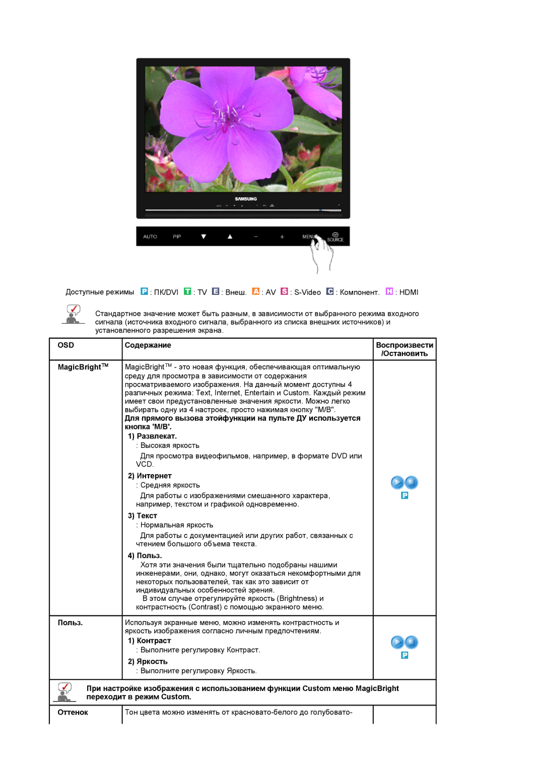 Samsung LS22CRASB/EDC manual MagicBright, Интернет, Текст, Польз, Контраст, Яркость 