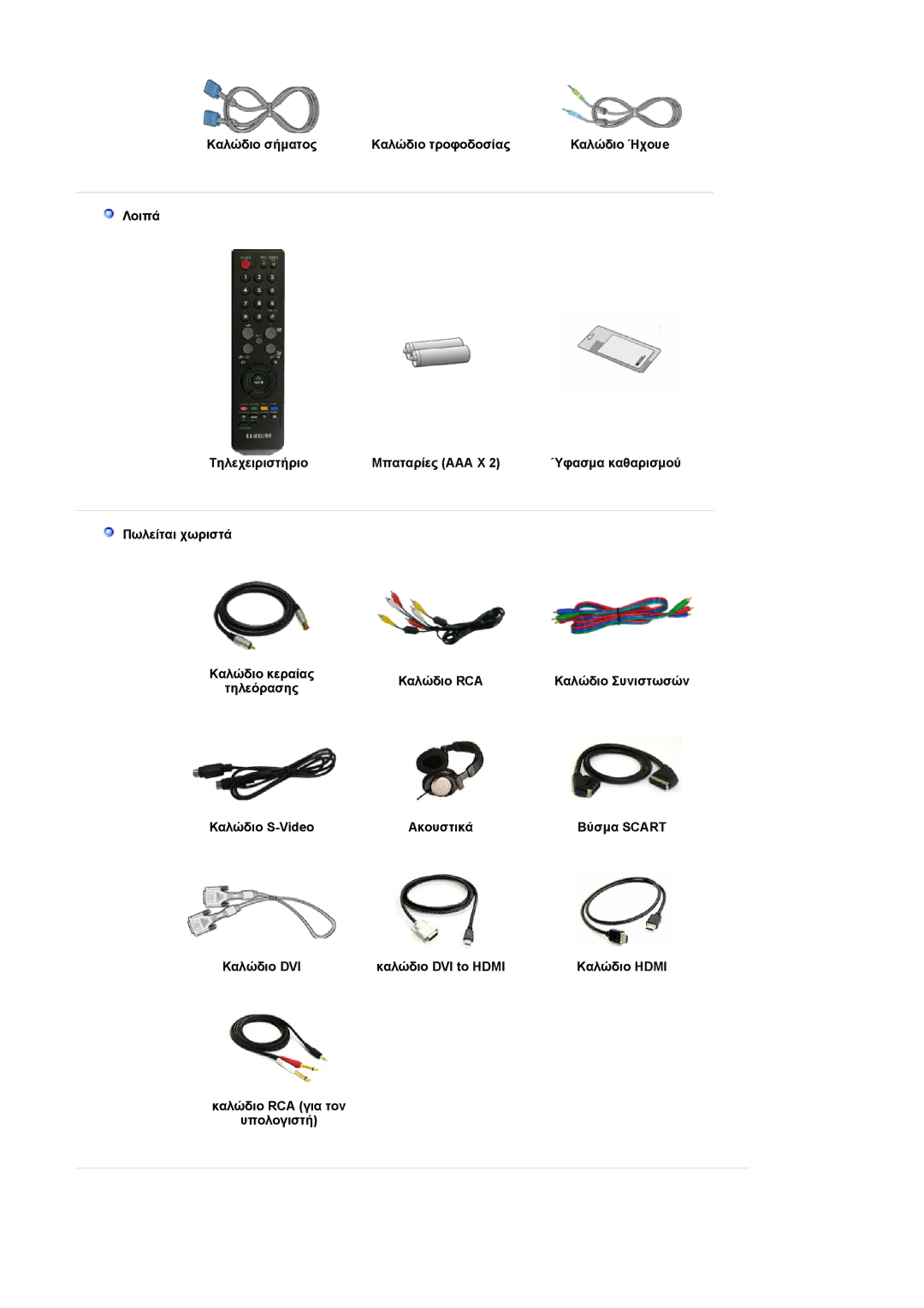 Samsung LS22CRASB/EDC manual Καλώδιο σήµατος Καλώδιο τροφοδοσίας, Λοιπά Τηλεχειριστήριο Μπαταρίες AAA X, Πωλείται χωριστά 