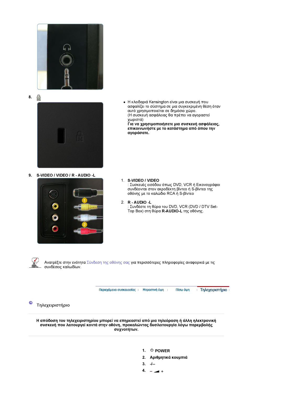 Samsung LS22CRASB/EDC manual Τηλεχειριστήριο, Video / Video / R Audio -L, Συχνοτήτων Power Αριθµητικά κουµπιά 