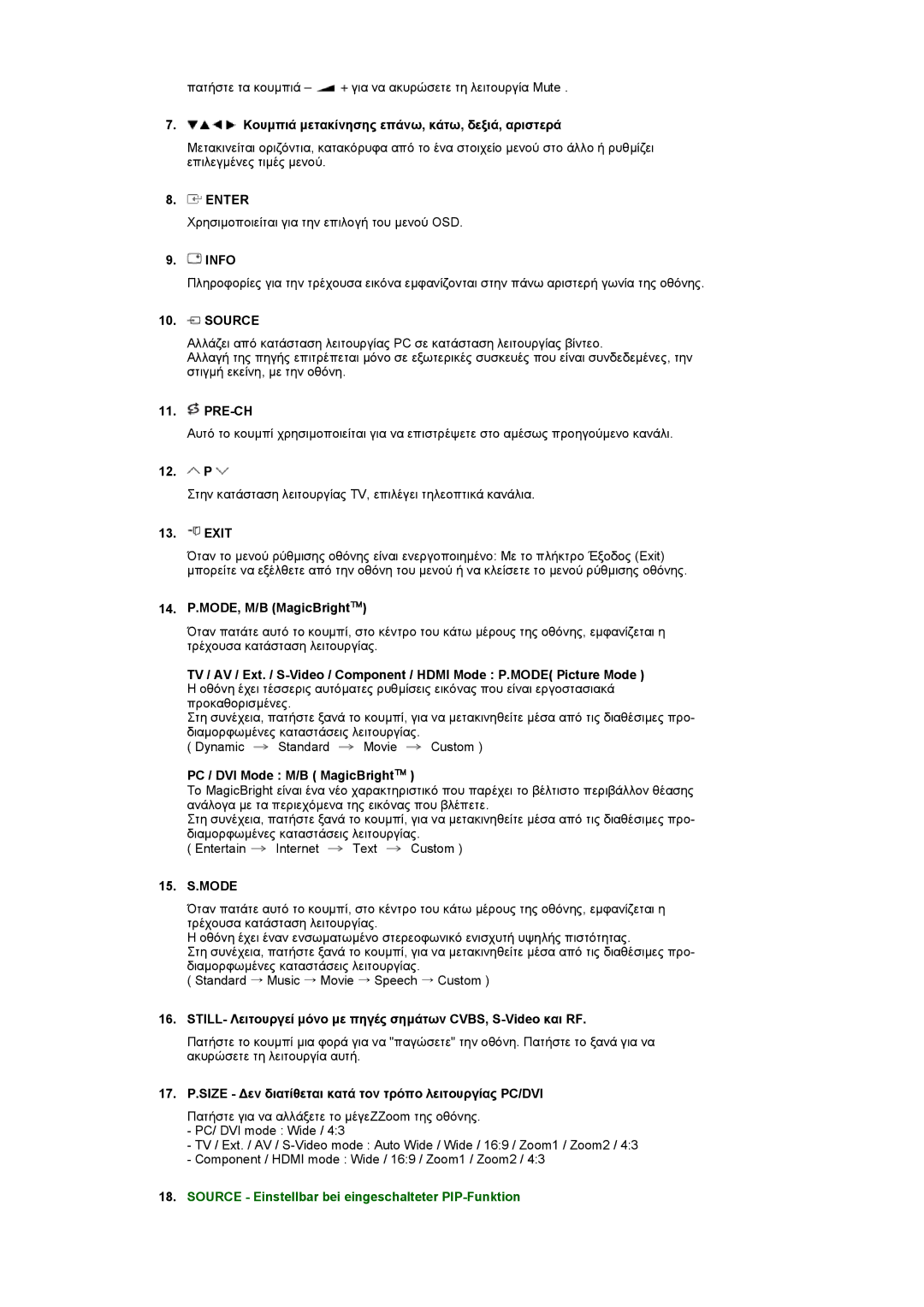 Samsung LS22CRASB/EDC manual Enter, Source, 12. P, PC / DVI Mode M/B MagicBright 