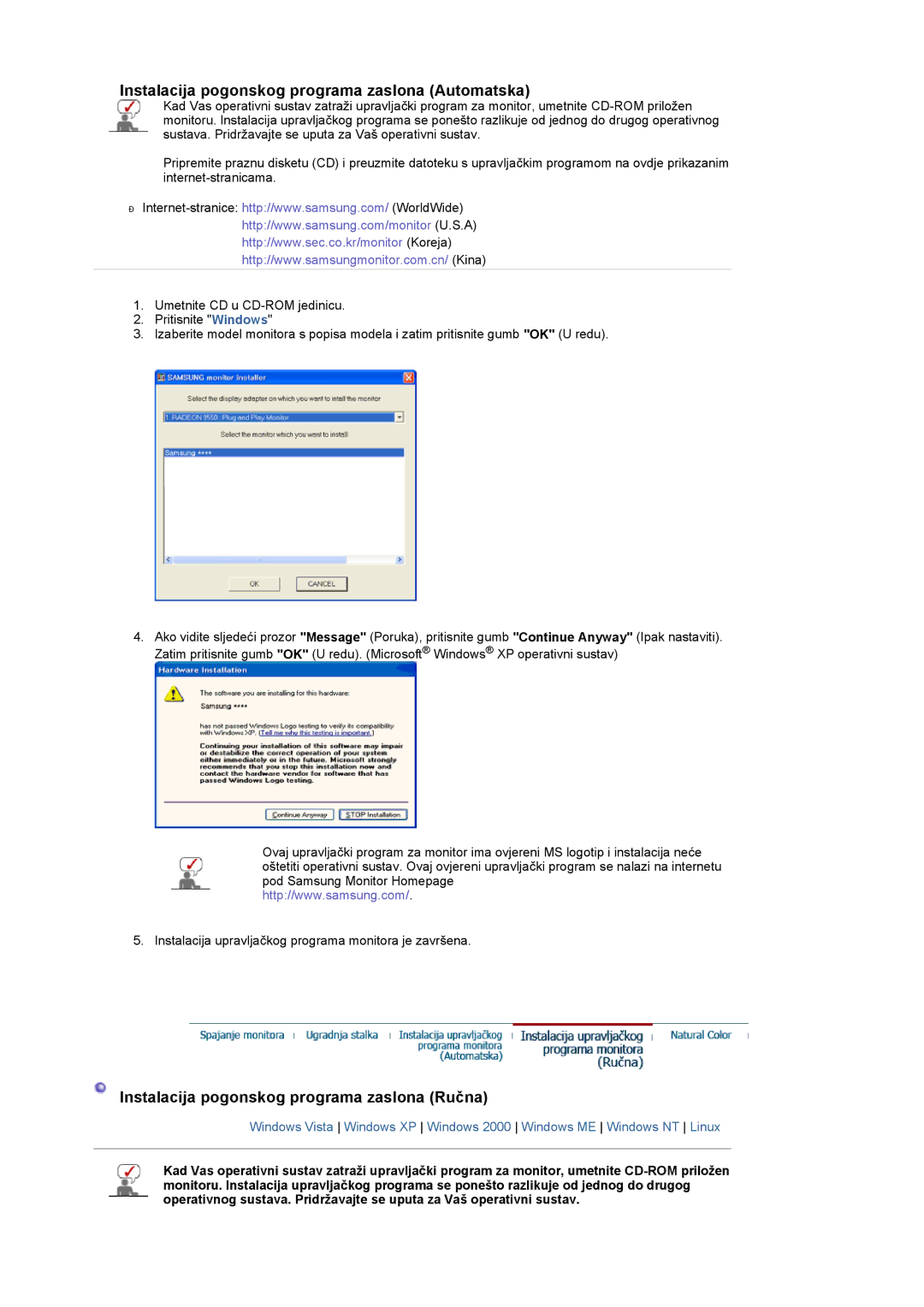 Samsung LS22CRASB/EDC manual Instalacija pogonskog programa zaslona Automatska 