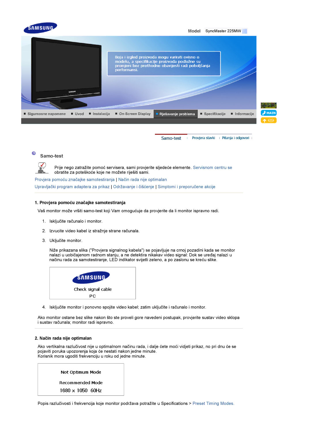 Samsung LS22CRASB/EDC manual Samo-test, Provjera pomoću značajke samotestiranja, Način rada nije optimalan 