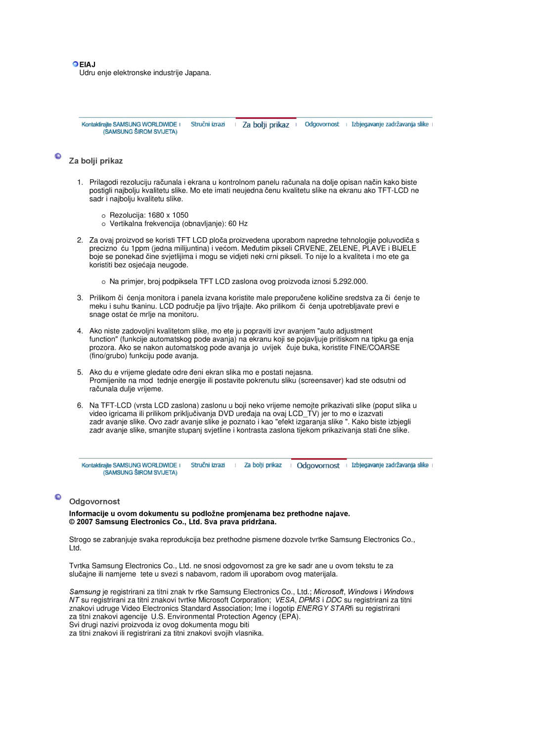 Samsung LS22CRASB/EDC manual Za bolji prikaz, Odgovornost, Eiaj 