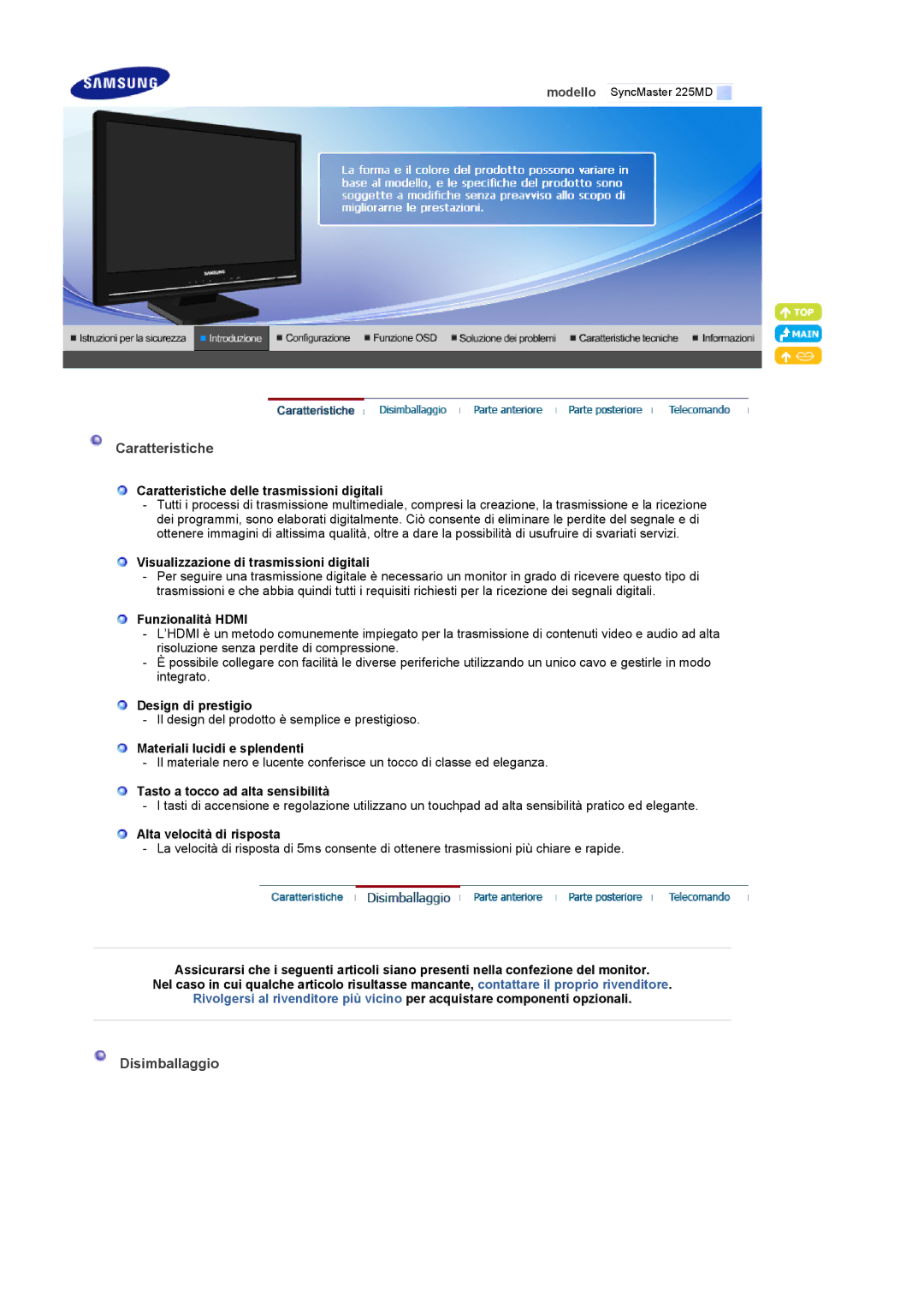 Samsung LS22CRDSB/EDC, LS22CRDSF/EDC manual Caratteristiche, Disimballaggio 