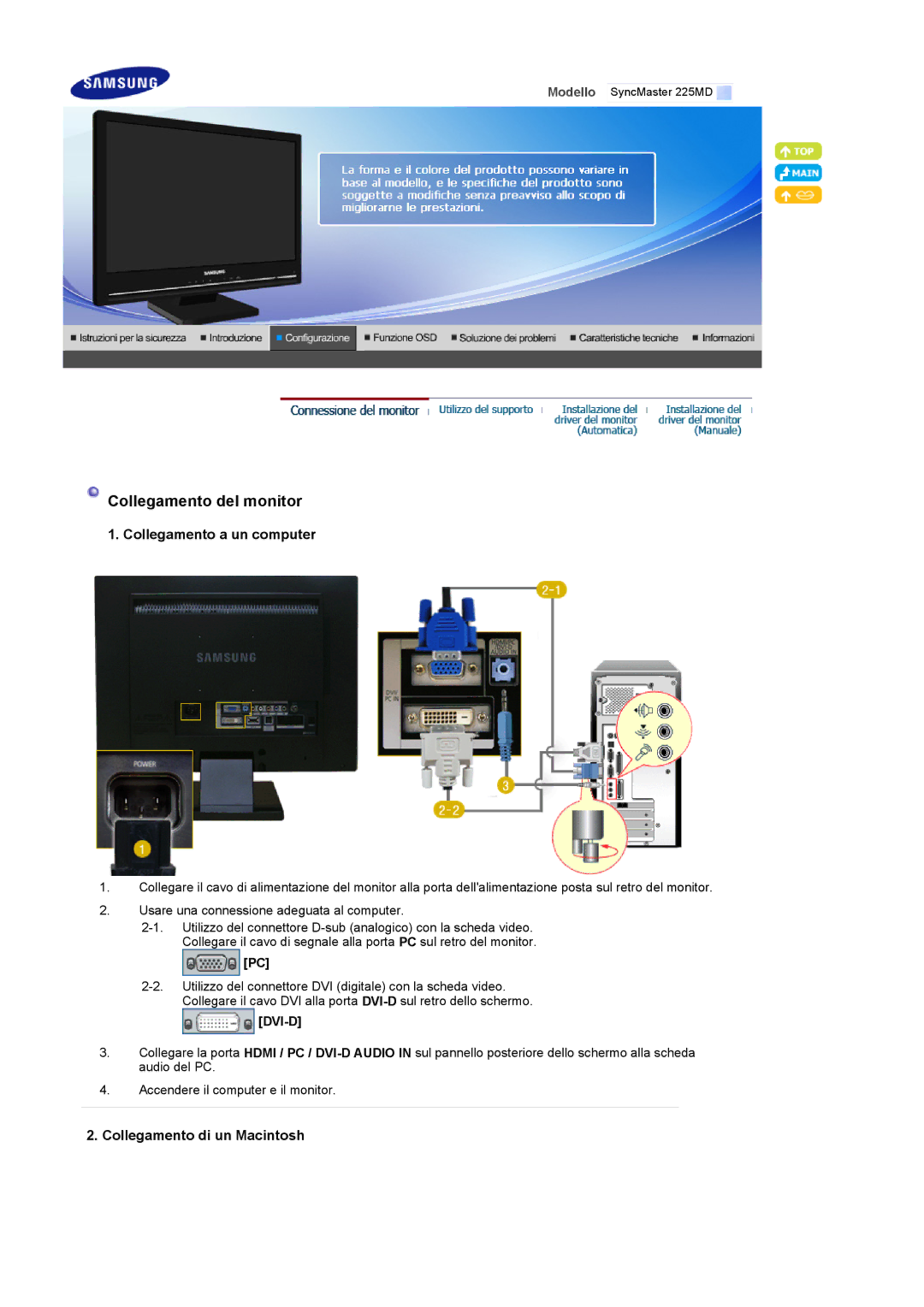 Samsung LS22CRDSB/EDC, LS22CRDSF/EDC manual Collegamento a un computer, Collegamento di un Macintosh 