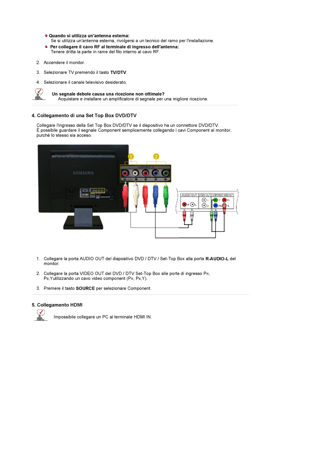 Samsung LS22CRDSF/EDC Collegamento di una Set Top Box DVD/DTV, Collegamento Hdmi, Quando si utilizza unantenna esterna 