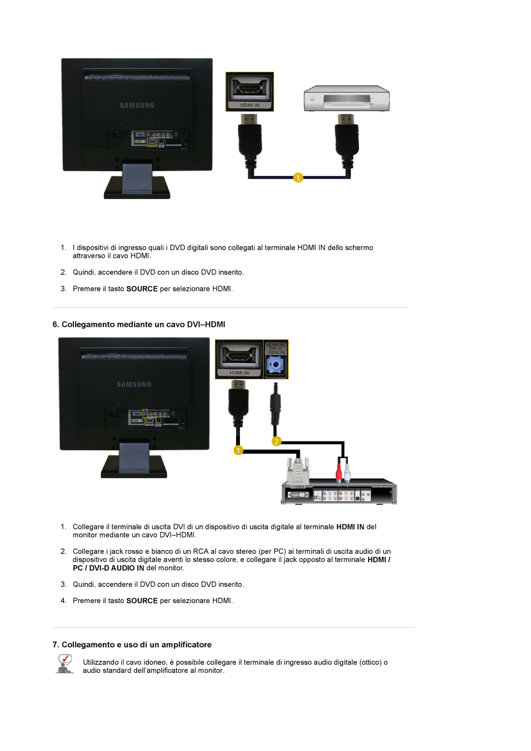 Samsung LS22CRDSB/EDC, LS22CRDSF/EDC manual Collegamento mediante un cavo DVI-HDMI, Collegamento e uso di un amplificatore 