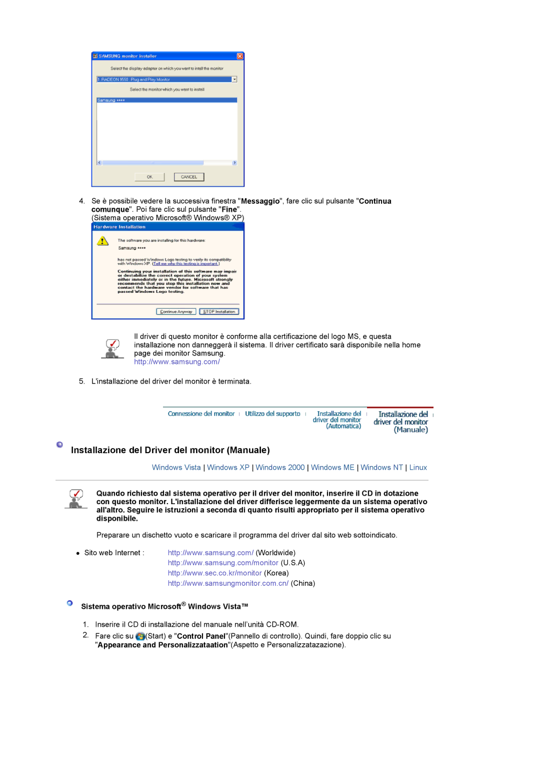 Samsung LS22CRDSB/EDC manual Installazione del Driver del monitor Manuale, Sistema operativo Microsoft Windows Vista 