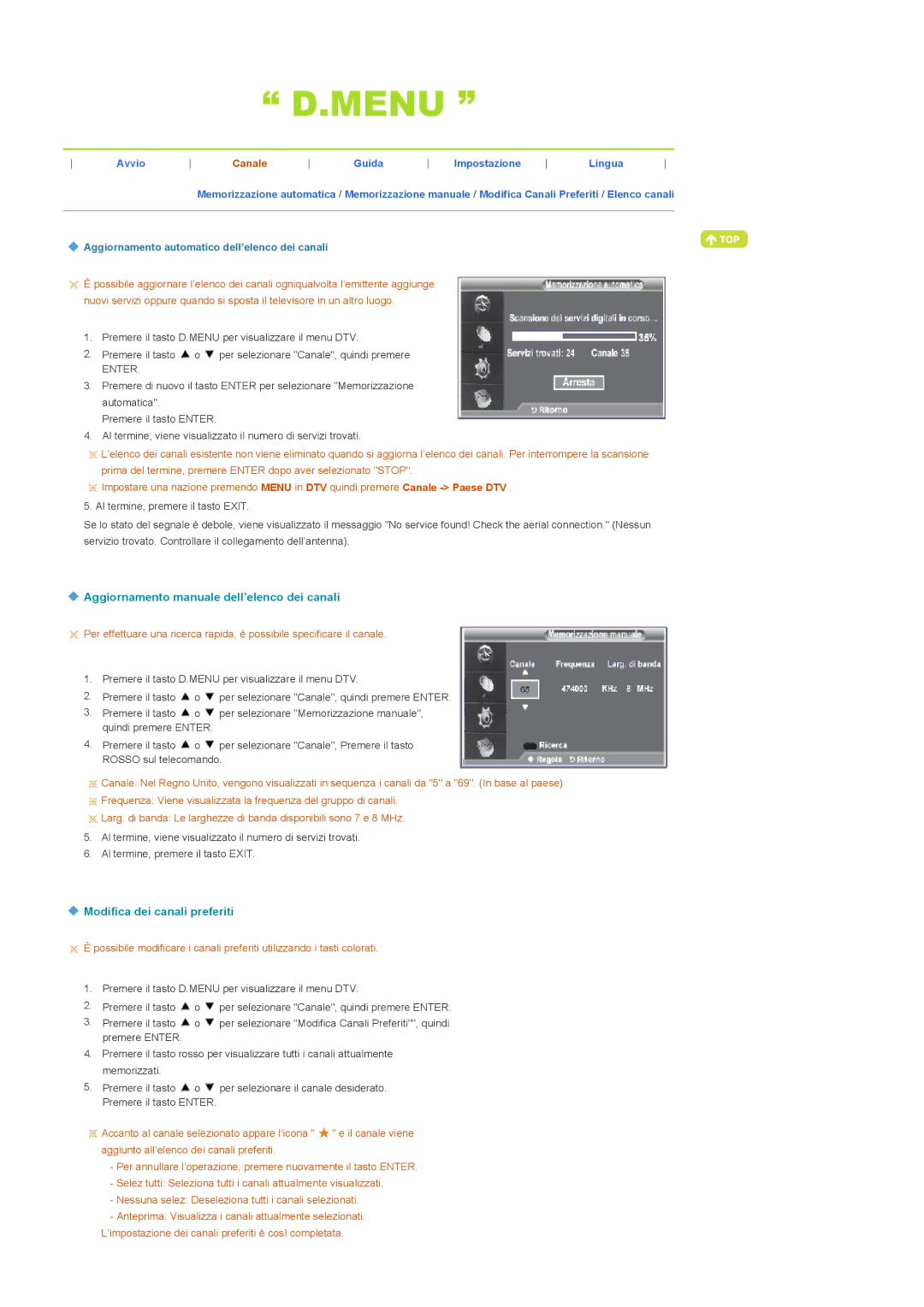 Samsung LS22CRDSB/EDC, LS22CRDSF/EDC Aggiornamento manuale dell’elenco dei canali, Modifica dei canali preferiti 