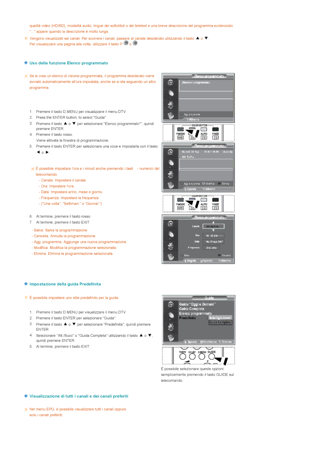 Samsung LS22CRDSF/EDC, LS22CRDSB/EDC manual Uso della funzione Elenco programmato, Impostazione della guida Predefinita 