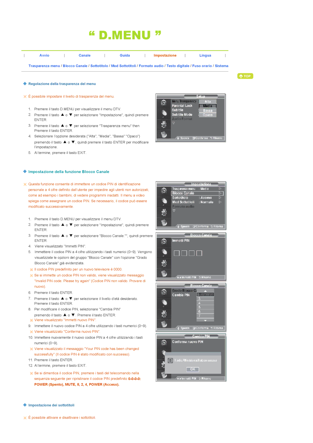 Samsung LS22CRDSF/EDC, LS22CRDSB/EDC Impostazione della funzione Blocco Canale, Regolazione della trasparenza del menu 