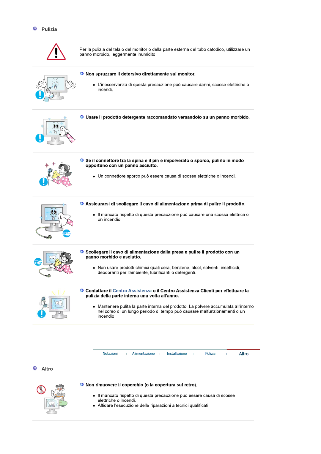 Samsung LS22CRDSF/EDC, LS22CRDSB/EDC manual Pulizia, Altro, Non spruzzare il detersivo direttamente sul monitor 