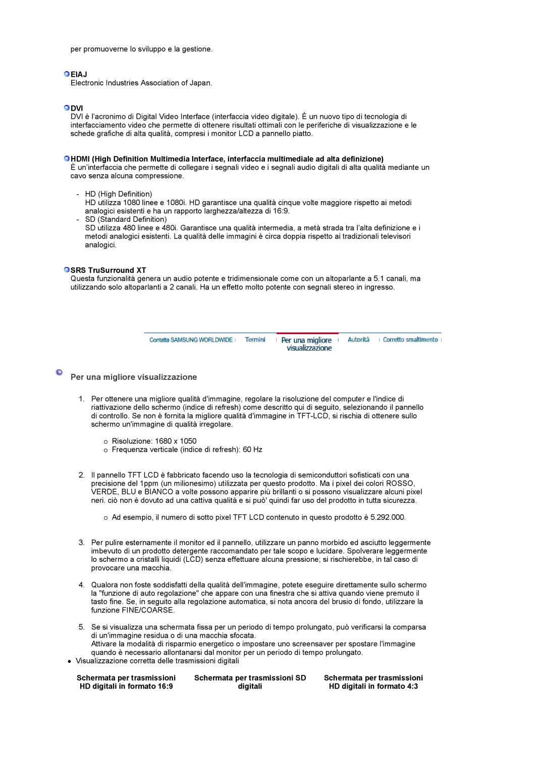 Samsung LS22CRDSB/EDC, LS22CRDSF/EDC manual Per una migliore visualizzazione, Eiaj, Dvi, SRS TruSurround XT, Digitali 