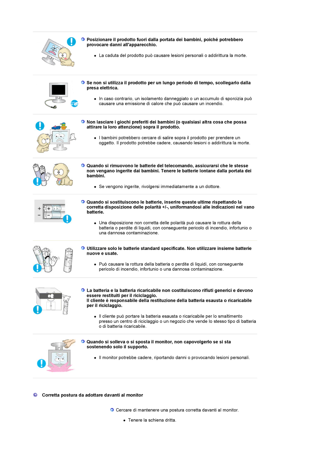 Samsung LS22CRDSB/EDC, LS22CRDSF/EDC manual Corretta postura da adottare davanti al monitor 