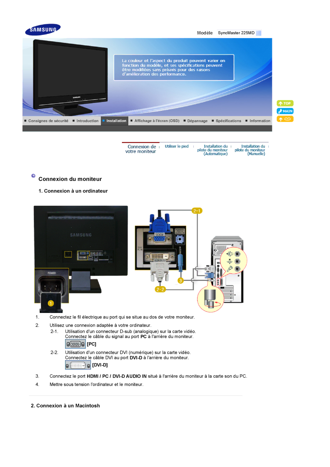 Samsung LS22CRDSF/EDC manual Connexion à un ordinateur, Connexion à un Macintosh 