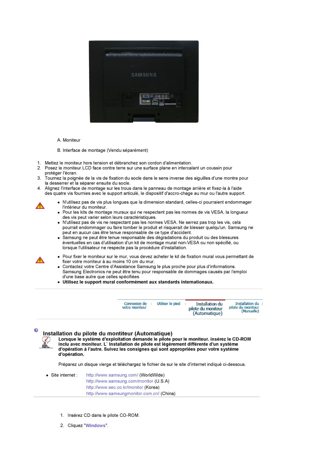 Samsung LS22CRDSF/EDC manual Installation du pilote du montiteur Automatique 