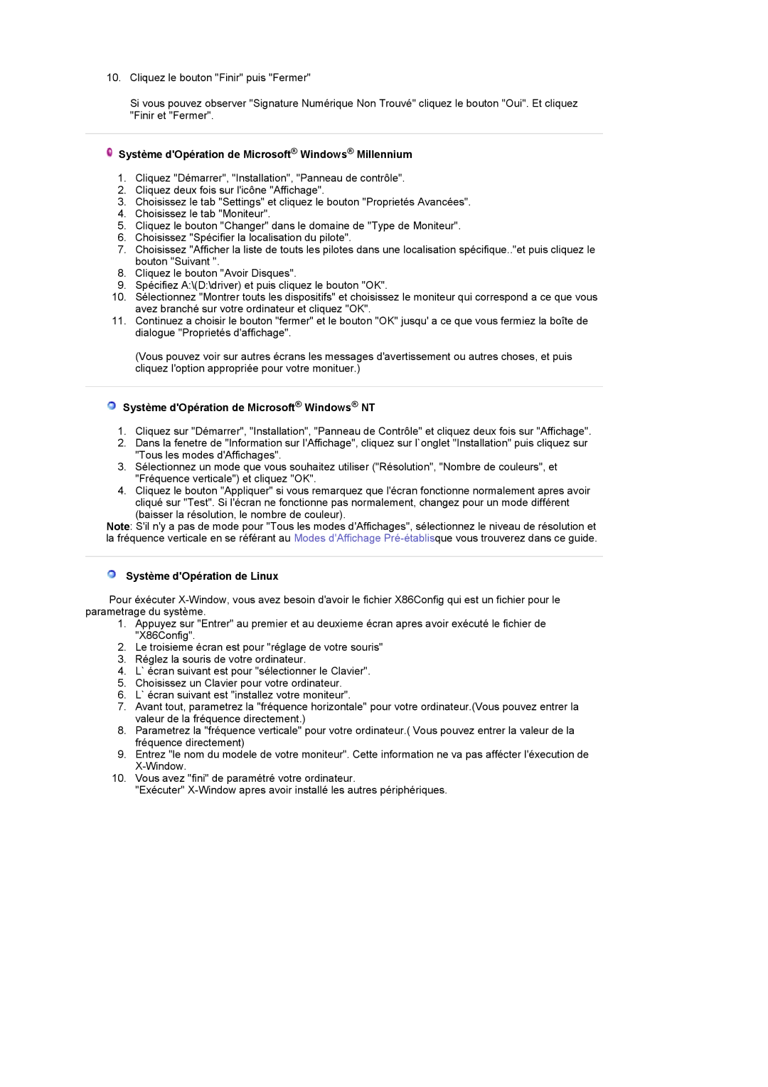 Samsung LS22CRDSF/EDC manual Système dOpération de Microsoft Windows Millennium, Système dOpération de Microsoft Windows NT 